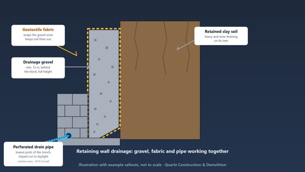 Illustrated cross-section of a block retaining wall showing drainage gravel wrapped in geotextile fabric behind the blocks, a perforated drain pipe at the base sloped out to daylight, and retained clay soil behind it all