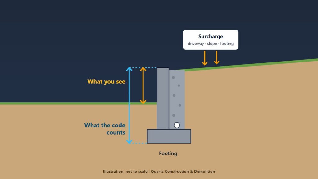 Illustrated cross-section of a retaining wall: the height counted for permits runs from the bottom of the buried footing to the top of the wall, taller than the part visible above the lawn, with a surcharge load above the retained soil